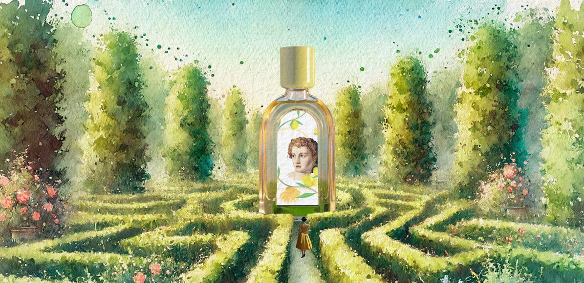 Citron Boboli 50ml dans un labyrinthe / une femme regarde le parfum du Jardin Retrouvé