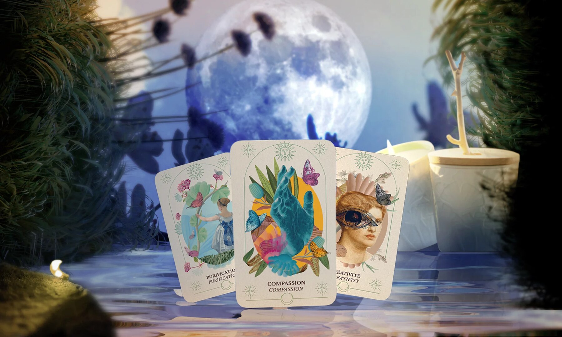 3 carte de l'Oracle du Jardin Retrouvé , en second plan une rivière et une lune