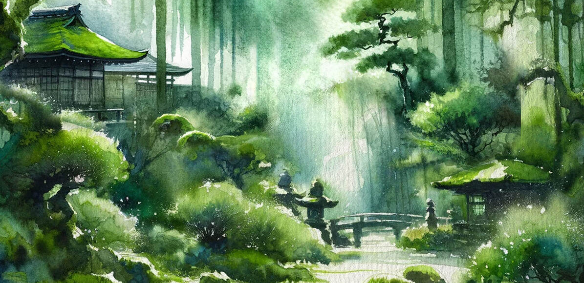Bannière officiel du parfum Mousse Arashiyama du Jardin Retrouvé / la bannière représente une illustration des Jardins d'Arashiyama au Japon