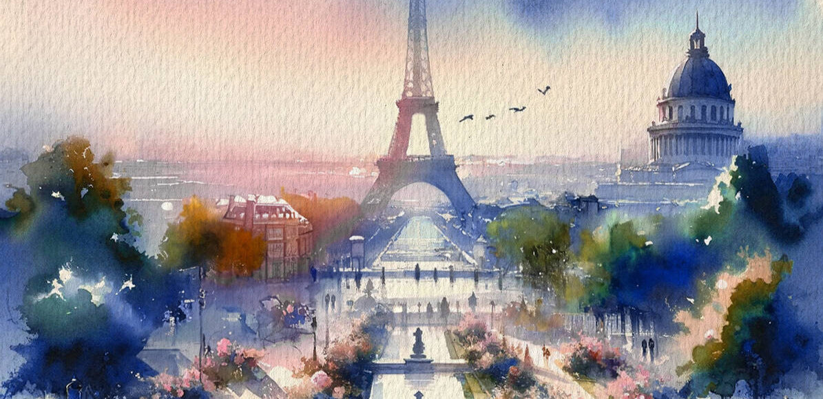 Bannière officiel du parfum Rose Trocadéro du Jardin Retrouvé / la bannière représente une illustration du Jardin du Trocadéro avec la tour Eiffel au milieu de l'image
