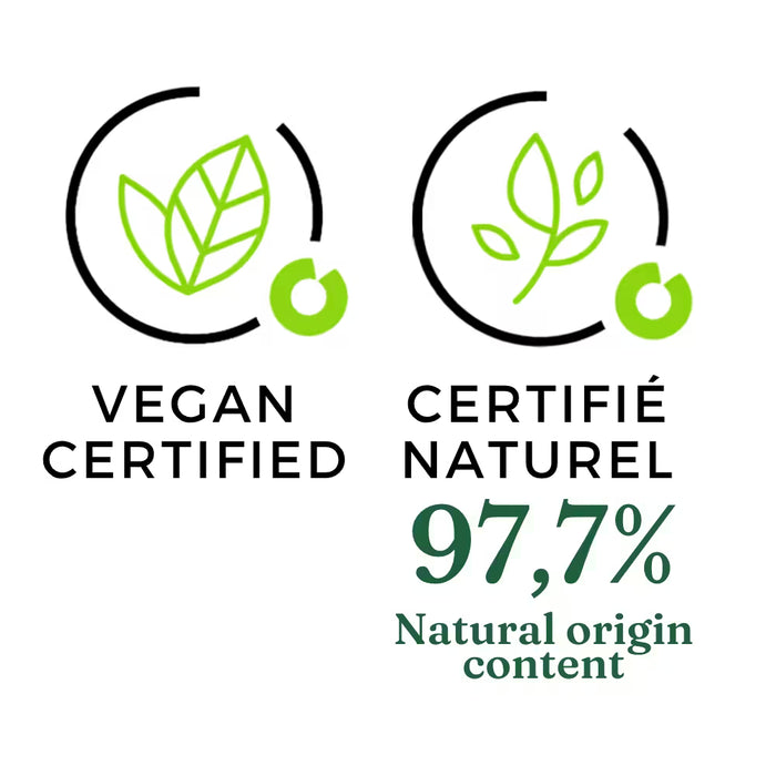 Icon of 97.7% ingredients of natural origin. Vegan. For Jasmin Majorelle