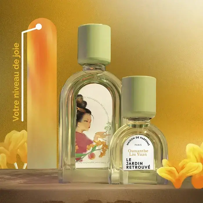Parfum de niche Osmanthe Liu Yuan sur fond jaune lumineux, fragrance moodbooster illustrant un niveau de joie maximal