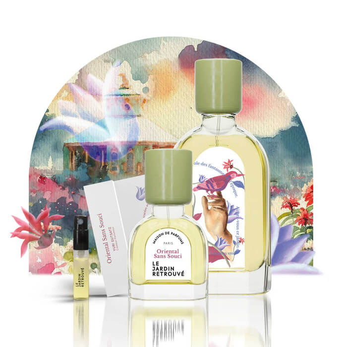 Image de la collection Oriental Sans Souci du Jardin Retrouvé / on y trouve le mini spray , le parfum 15 et 50ml  / il y'a une illustration derrière qui représente le Jardin Sans souci as Saint Petersbourg 