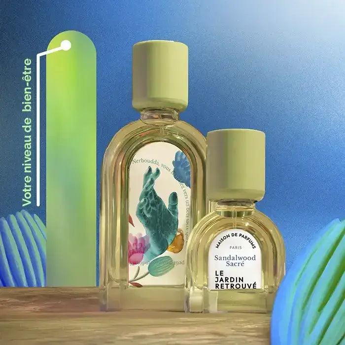 Parfum de niche Sandalwood Sacré sur fond bleu profond, fragrance moodbooster évoquant un bien-être intense