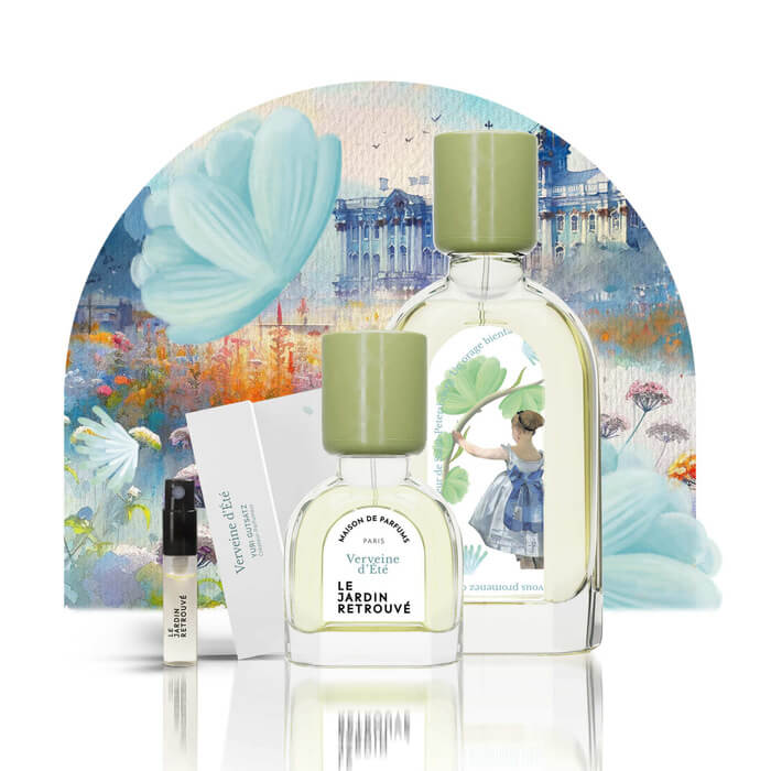 Image de la collection Verveine d'été du Jardin Retrouvé / on y trouve le mini spray , le parfum 15 et 50ml / il y'a une illustration derrière qui représente le palais d'été as Saint Petersburg