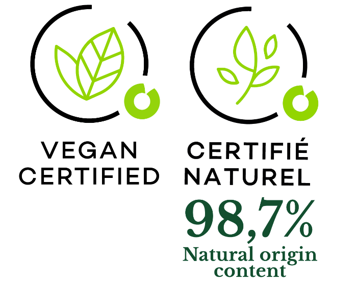 Icon of 98.8% ingredients of natural origin. Vegan. For Verveine D'été