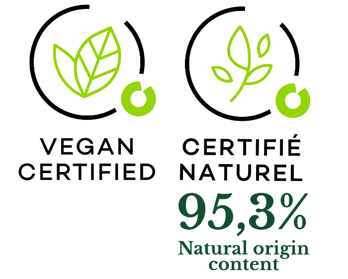 Icon of 95.4% ingredients of natural origin. Vegan. For Mousse Arashiyama