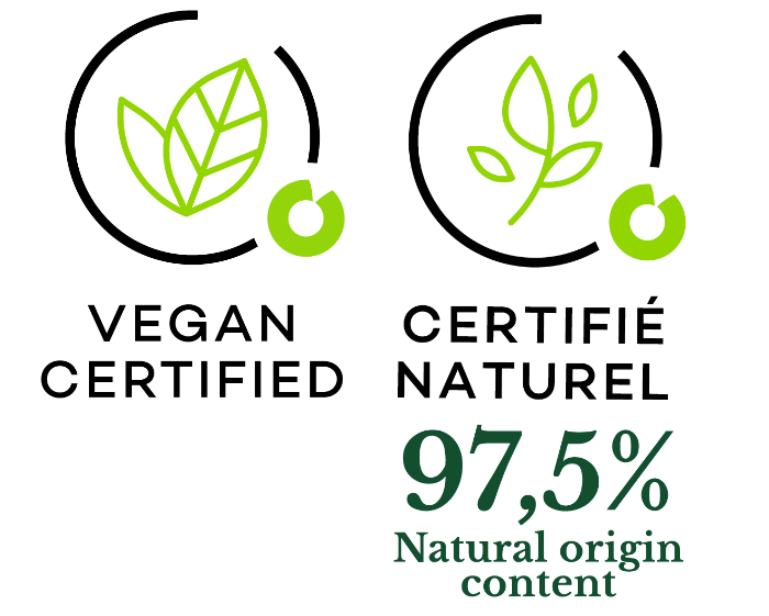 Icon of 97.6% ingredients of natural origin. Vegan. For Sandalwood Sacré