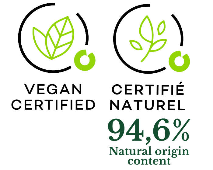 Icon of 94.6% ingredients of natural origin. Vegan. For Rose Trocadéro
