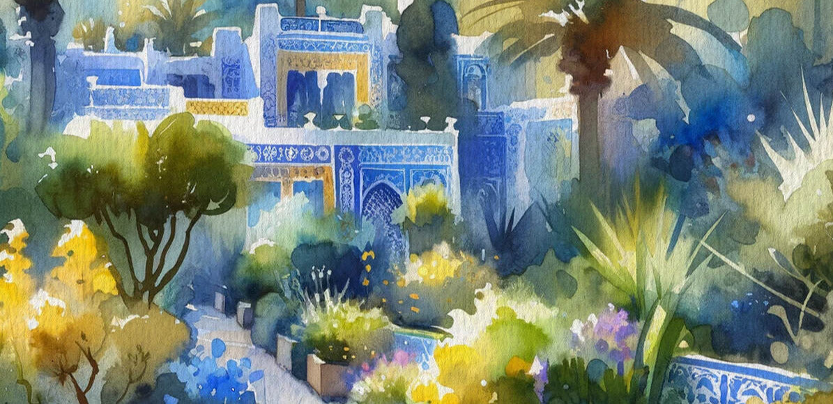 Bannière officiel du parfum Jasmin Majorelle du Jardin Retrouvé / la bannière représente une illustration du Jardin Jasmin Majorelle au Maroc 