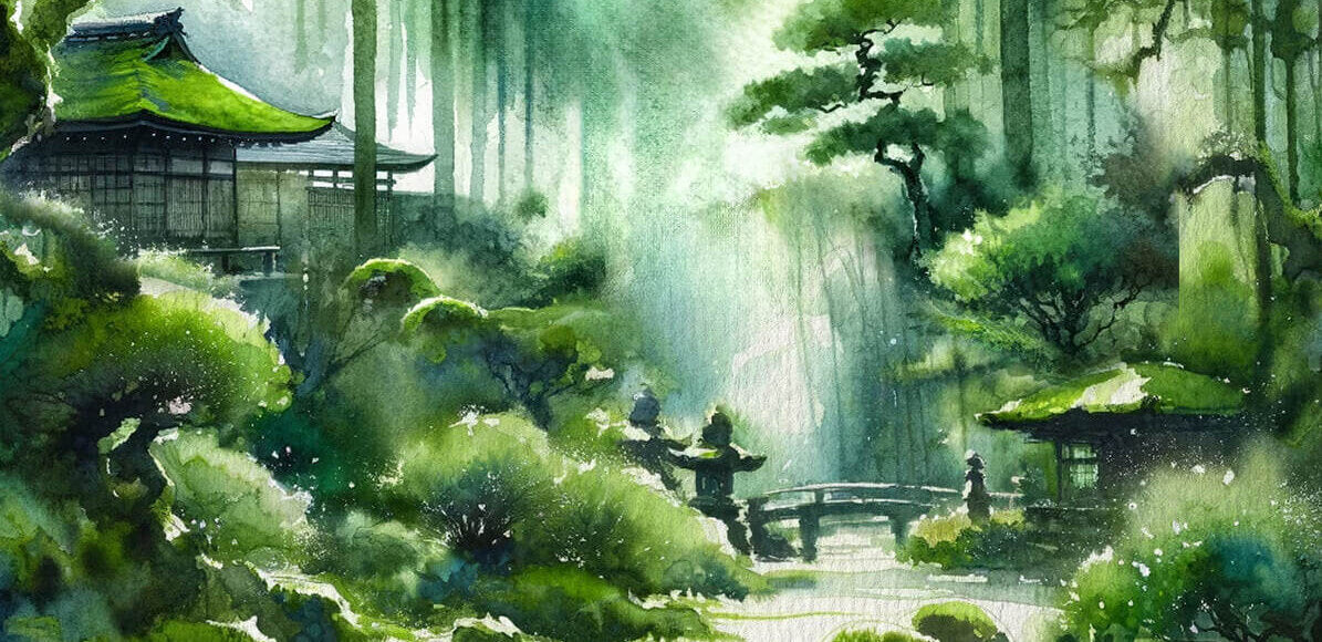 Bannière officiel du parfum Mousse Arashiyama du Jardin Retrouvé / la bannière représente une illustration des Jardins d'Arashiyama au Japon 