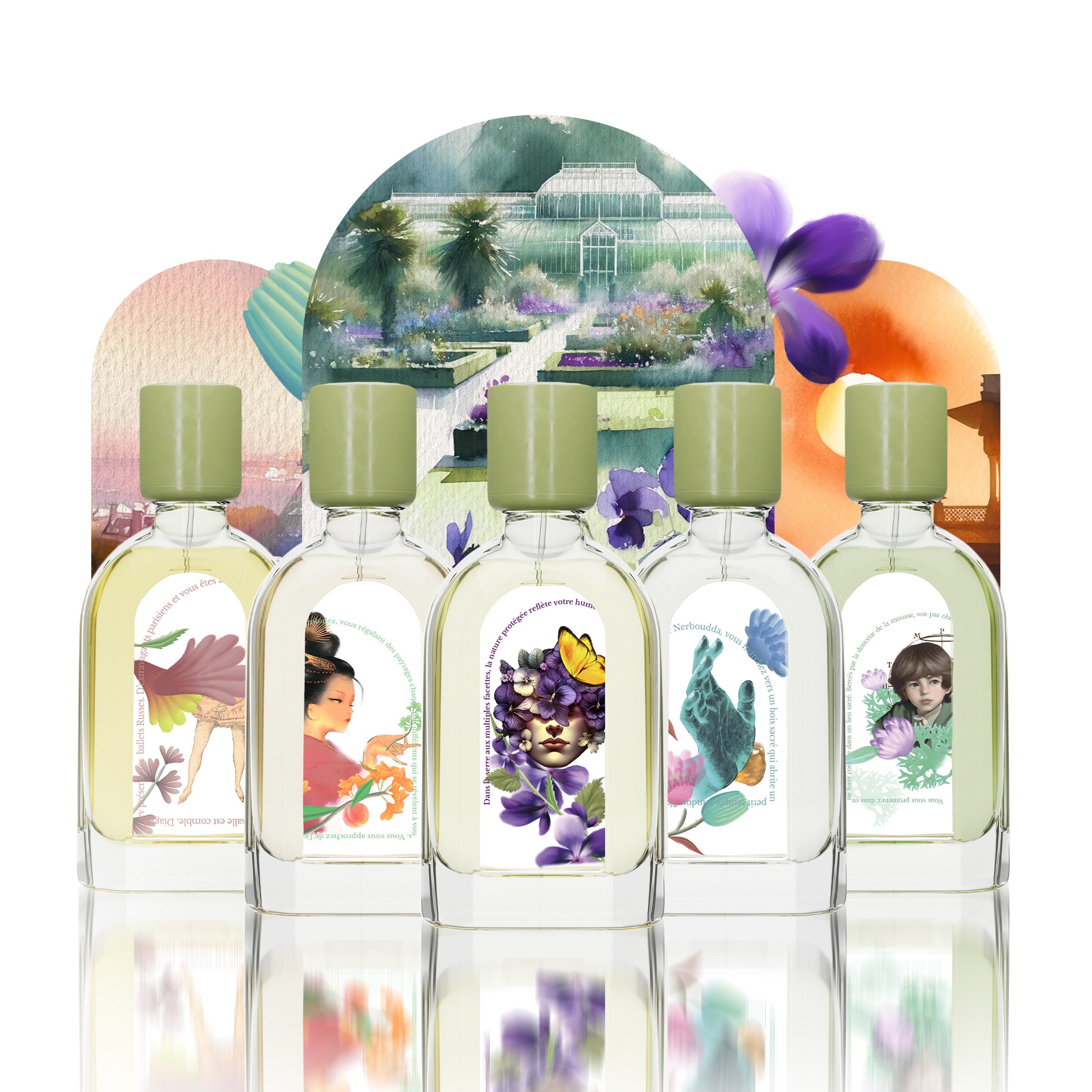 5 parfums du Jardin Retrouvé avec les jardins de 3 jardin du Jardin Retrouvé/ photo de collection moodbooster