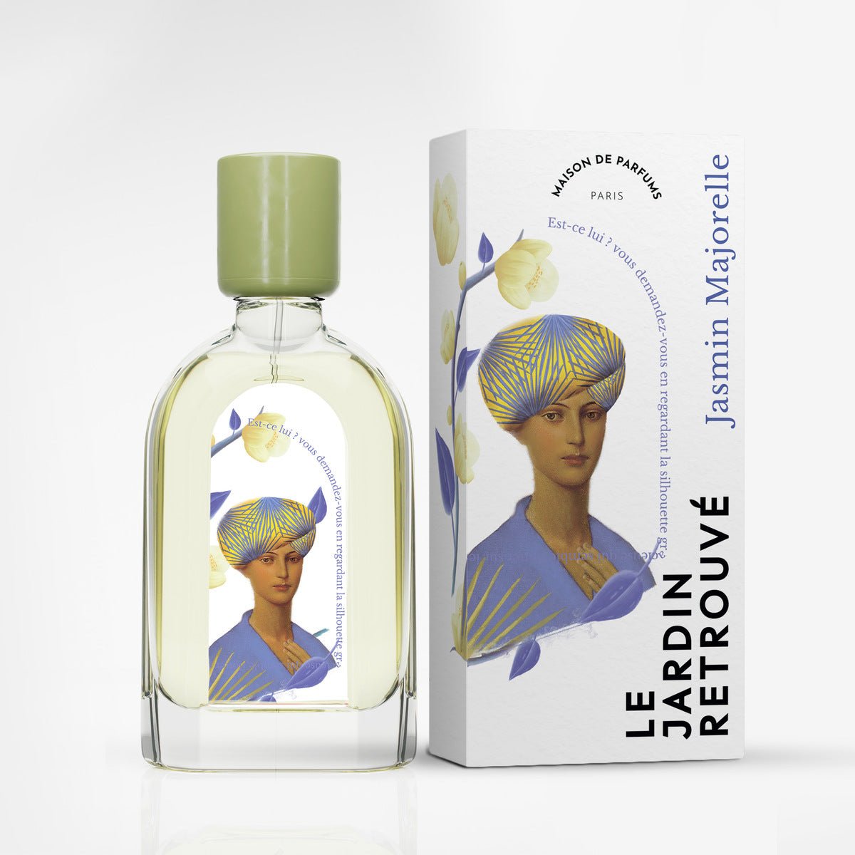 Jasmin Majorelle 50ml avec ça boite sur fond blanc - Le Jardin Retrouvé