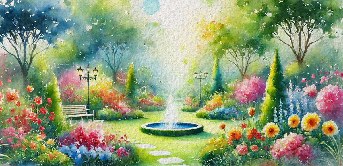 Un jardin très colorée remplie de fleur du Jardin Retrouvé/ c'est une illustration, il y'a une fontaine au milieu et 1 banc à sa gauche, ainsi que 2 lampadaire 