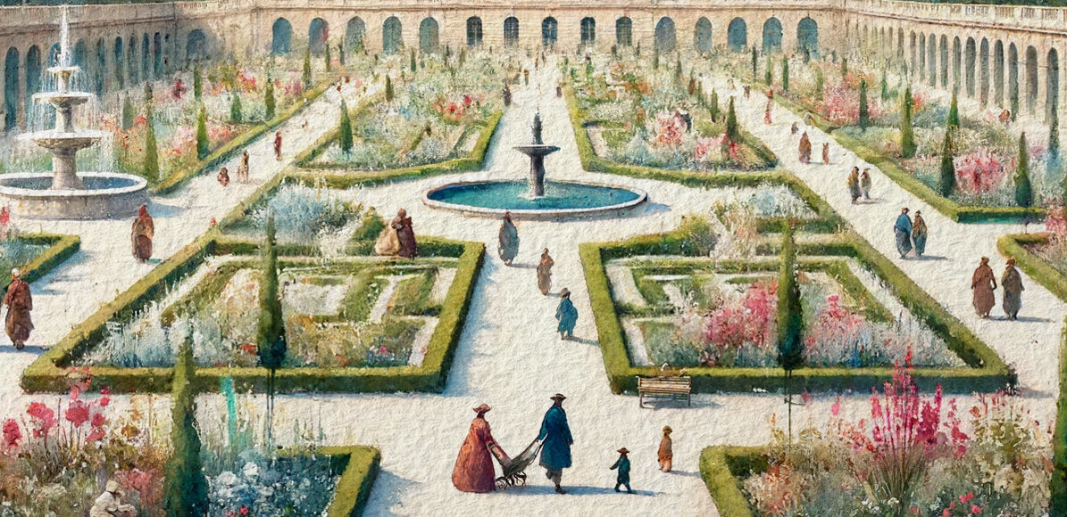 Une illustration d'un parc du 18eme siècle du Jardin Retrouvé / il y'a plusieurs personnes et le jardin ressemble as un jardin de Versailles