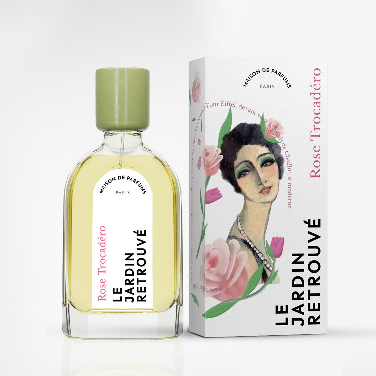 Rose Trocadéro 50ml avec ça boite sur fond blanc - Le Jardin Retrouvé