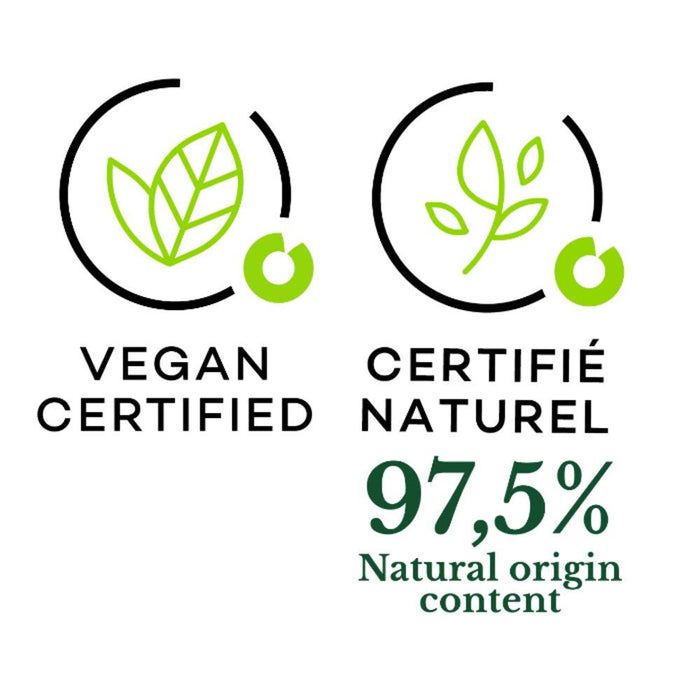 Icon of 97.6% ingredients of natural origin. Vegan. For Sandalwood Sacré